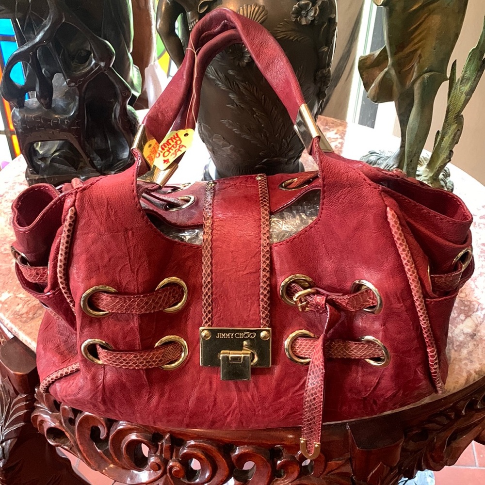 Jimmy Choo shoulder bag. Red leather. Gold tone hardware. Python trim.
